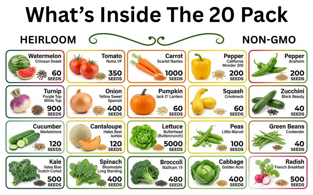 20-50 Varieties - Heirloom Vegetable & Herb Seed Vaults – USA Grown, Non-GMO - 10,000-50,000 Seeds
