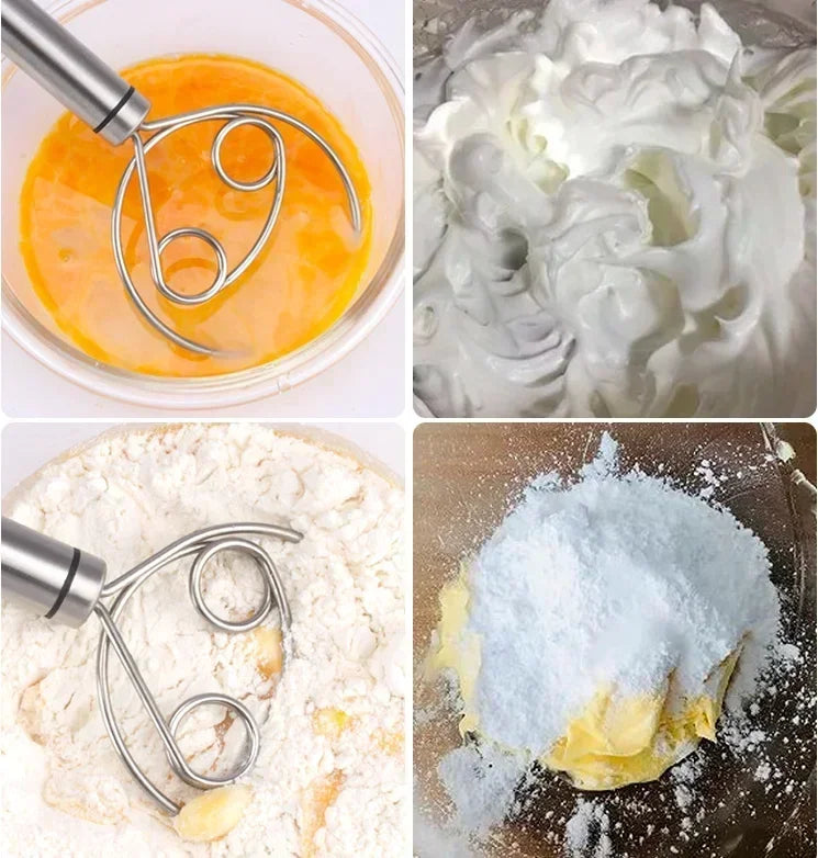 Stainless Steel Danish Dough Whisk | Wooden Handle Bread Mixer for Baking