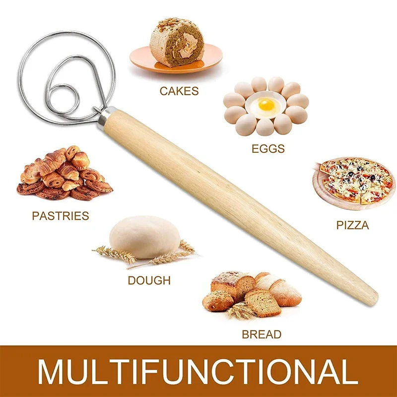 Stainless Steel Danish Dough Whisk | Wooden Handle Bread Mixer for Baking