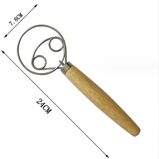 Stainless Steel Danish Dough Whisk | Wooden Handle Bread Mixer for Baking