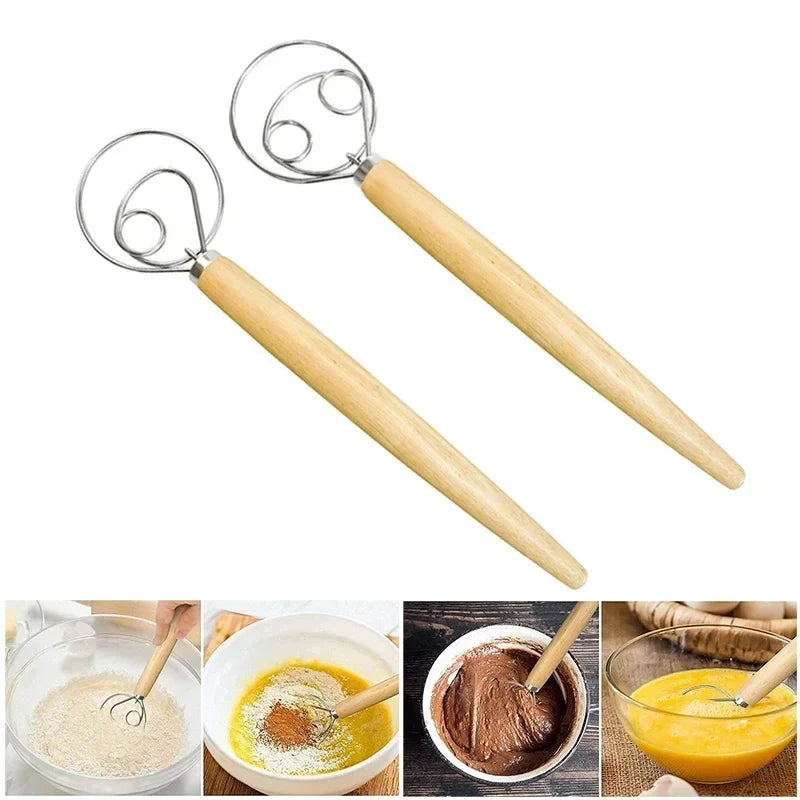 Stainless Steel Danish Dough Whisk | Wooden Handle Bread Mixer for Baking
